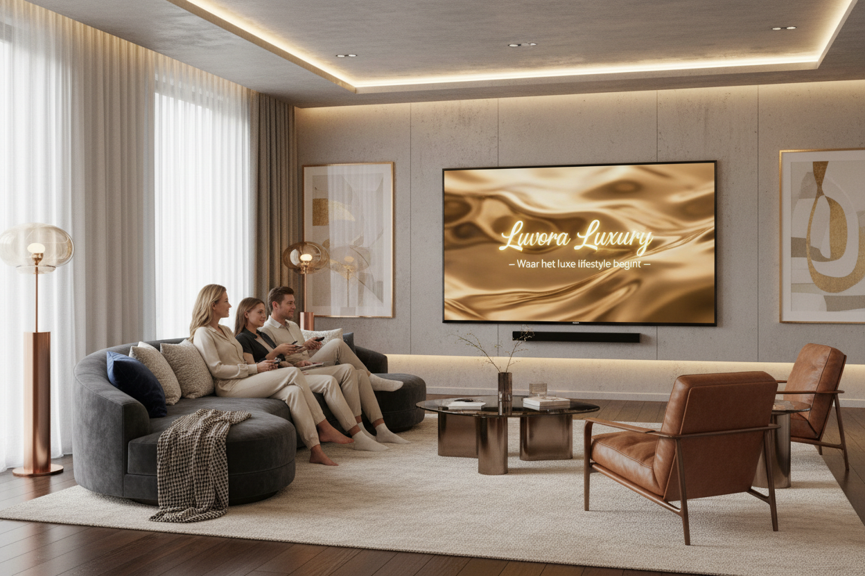 familie zitten in een woonkamer met op de tv luvora luxury waar het luxe lifestyle begint